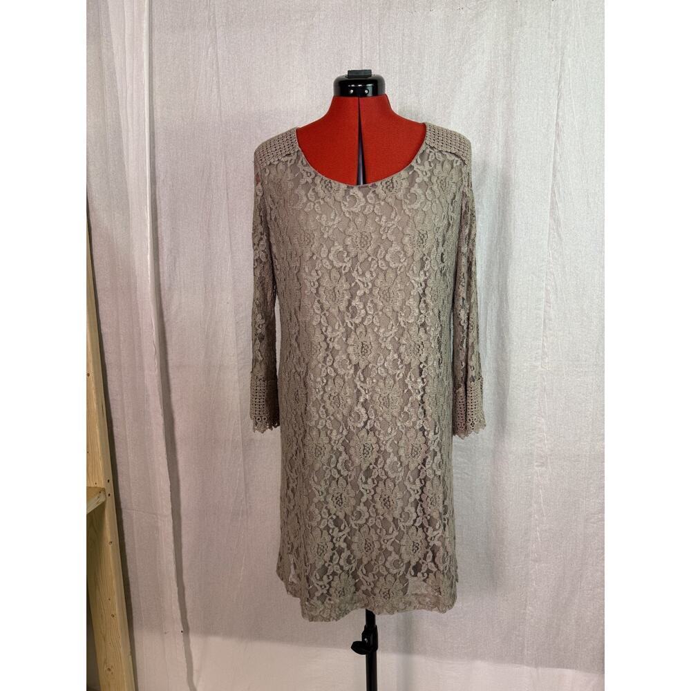 Style And Co Womens Size XL Dress Taupe Lace Fringe Bell Sleeve Boho Lined D342